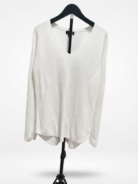 White V-Neck Ribbed Knit Sweater Tunic Top Size S